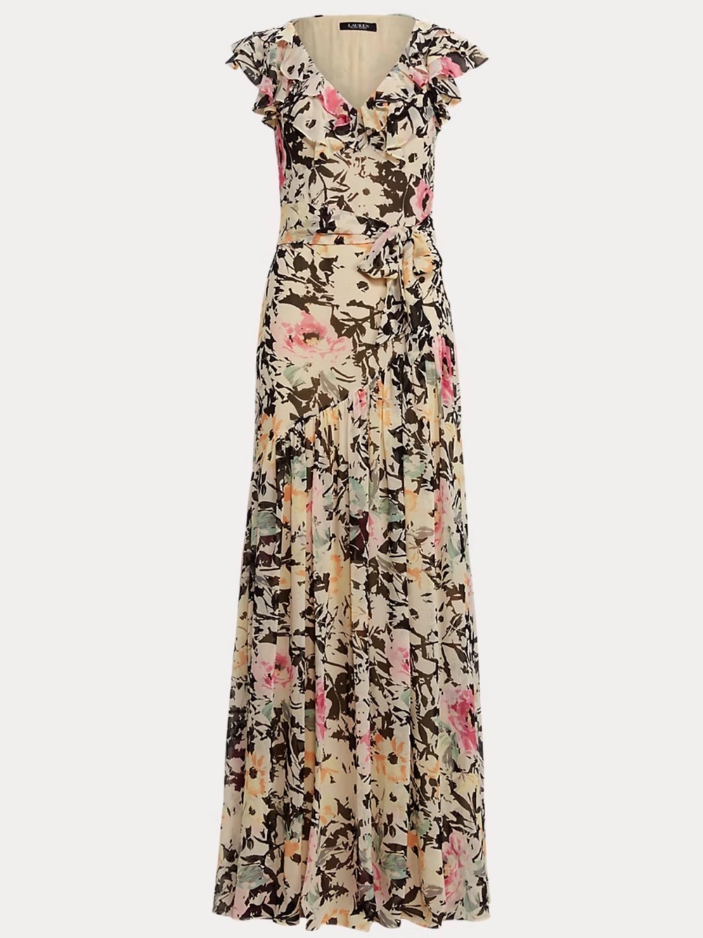 Ralph Lauren Floral Chiffon Gown Maxi Dress Cream with Pink Floral Print 10 - Picture 4 of 16